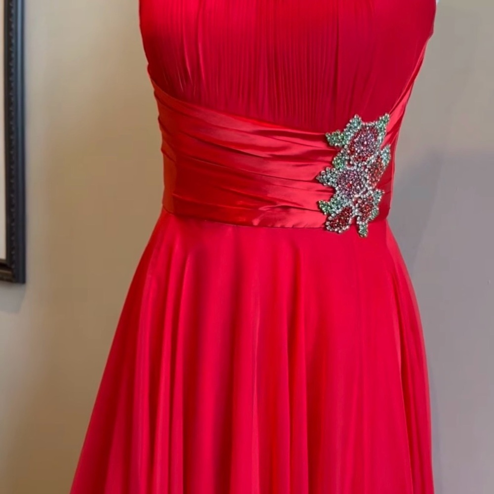 Sherri Hill Strapless Red Gown with Embellished Waist